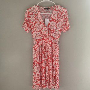 Cross Over Layer Bust Scrunch Waist Knee Length Floral Hawaiian Salmon Red Dress